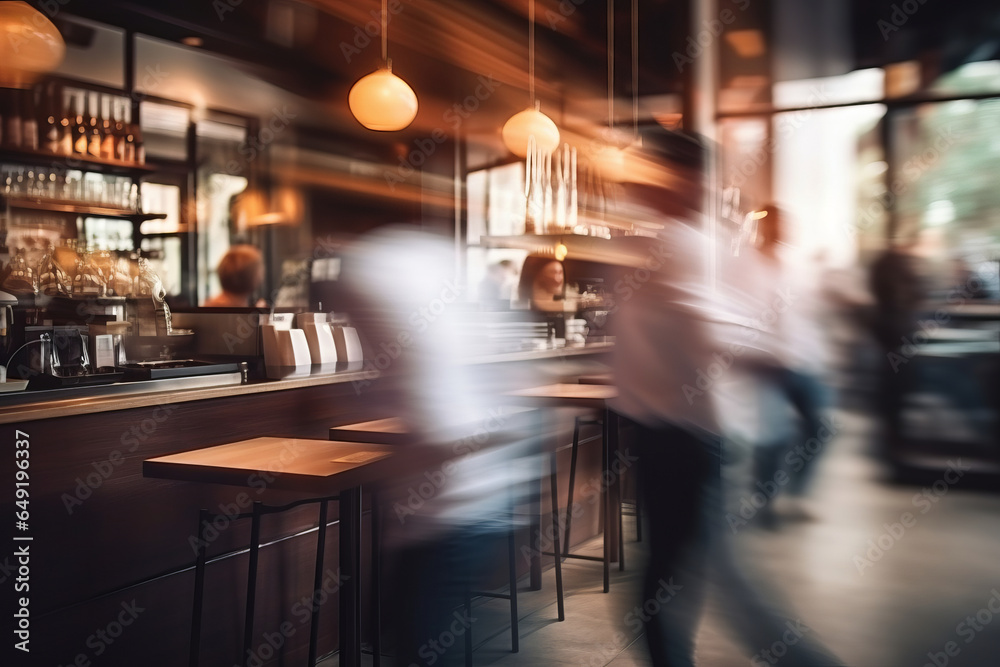 Image with motion blur of guests and customers walking in hipster bakery cafe or coffee shop restaurant. Blurred catering business background, chefs and waiters working. Fast movement, beige colors