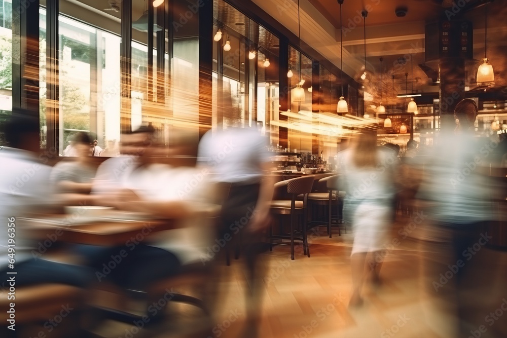 Image with motion blur of guests and customers walking in hipster bakery cafe or coffee shop restaurant. Blurred catering business background, chefs and waiters working. Fast movement, beige colors