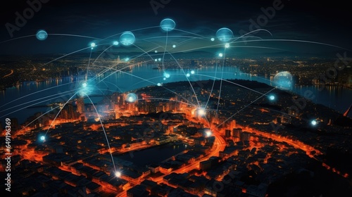 big city at night with network lines connected to satellites  cityscapes  circular shapes  industrial photography. High quality photo. top view