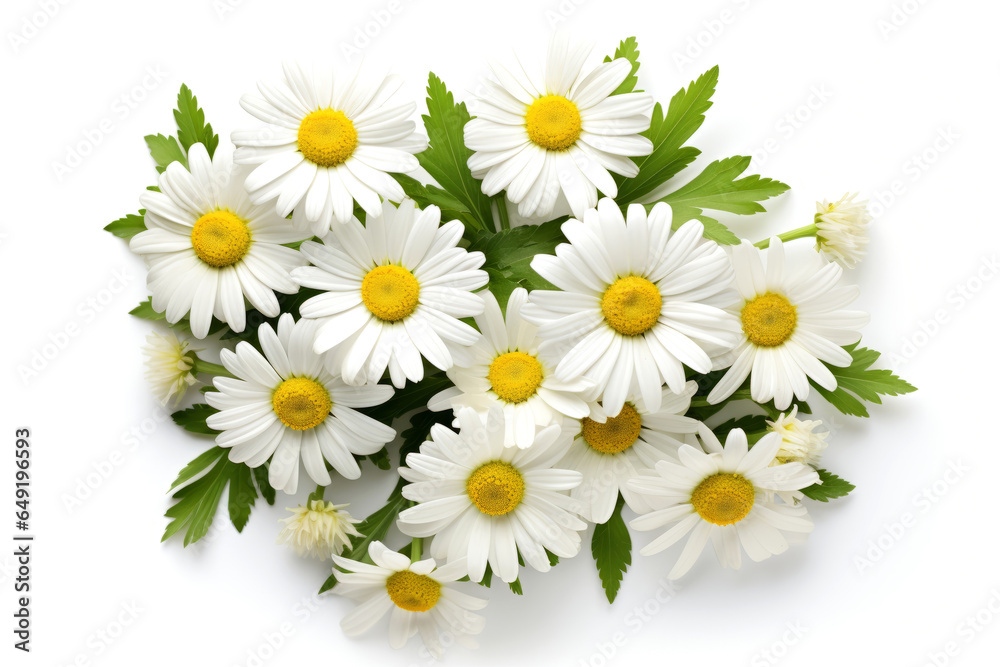 Chamomile flowers with green leaves isolated on white background, top view with space for text or inscriptions.generative ai