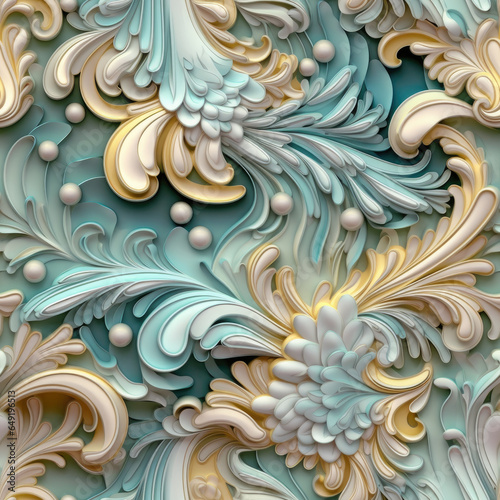 Natural embroidery fantasy rococo flowing seamless pattern, AI Generated