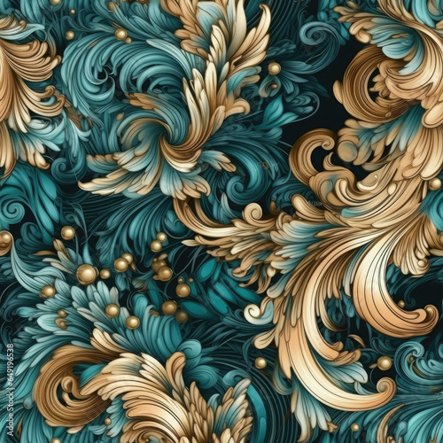 Natural embroidery fantasy rococo flowing seamless pattern, AI Generated