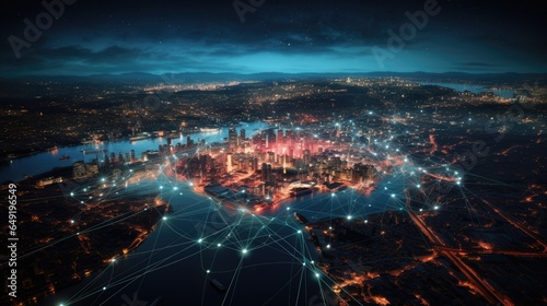 big city at night with network lines connected to satellites, cityscapes, circular shapes, industrial photography. High quality photo. top view
