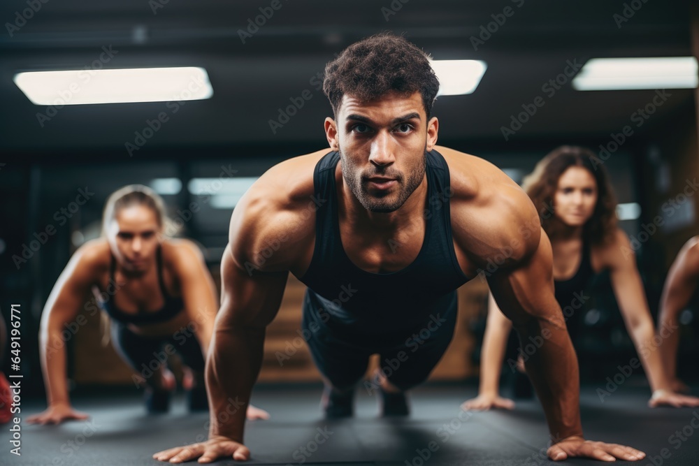 Fit people doing pushups in a gym Fit people doing pushups in a gym