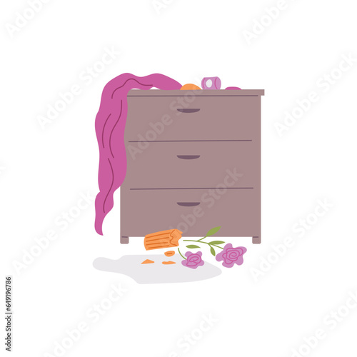 Pet mess, overturned broken vase of flowers and curtain on chest of drawers, vector clutter disorder from play cat, dog