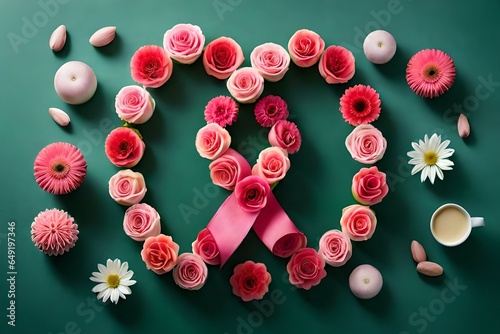 Top View capturing a beautiful arrangement of pink flowers, including roses, lilies, and tulips, forming the shape of a pink ribbon, symbolizing hope, growth, and renewal in the face of cancer