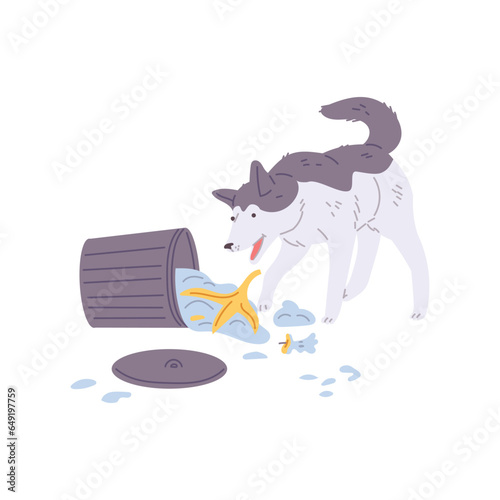 Happy dog overturned trash can flat style, vector illustration