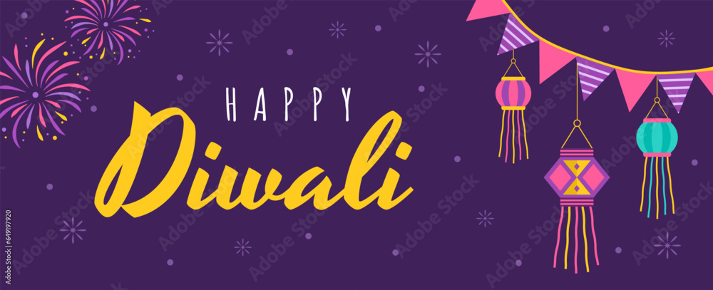 Fototapeta premium Diwali greeting banner. Holiday background for celebration Indian festival of lights. Vector illustration in flat cartoon style.