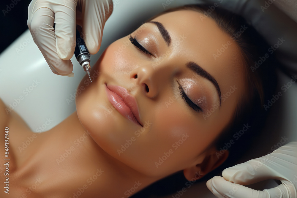 Facial portrait of woman lying down for lip augmentation or botox treatment with doctor hands in gloves and syringe near face.generative ai
