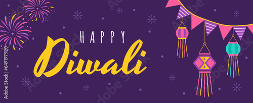 Diwali greeting banner. Holiday background for celebration Indian festival of lights. Vector illustration in flat cartoon style.