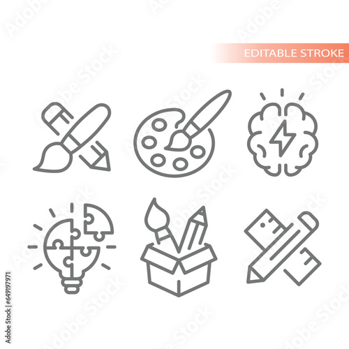 Creative and creativity, brainstorming line vector icons. Paintbrush, lightbulb and solution outline icon set.