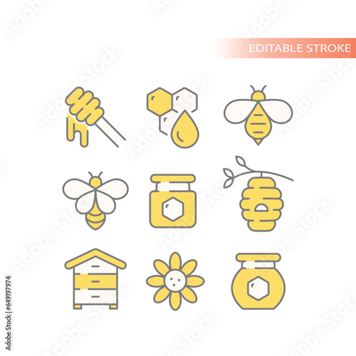 Honey bee, jar vector line icon set. Beehive, honeycomb outline icons.