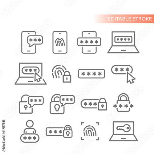 Password protected security vector icon set. Masked characters field with phone, fingerprint account outline icons.