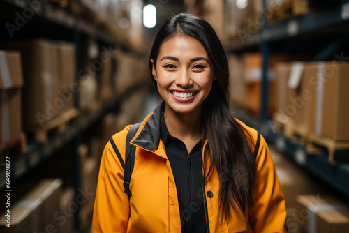Asian female warehouse employee managing inventory, holding boxes with shelves in the background made with AI