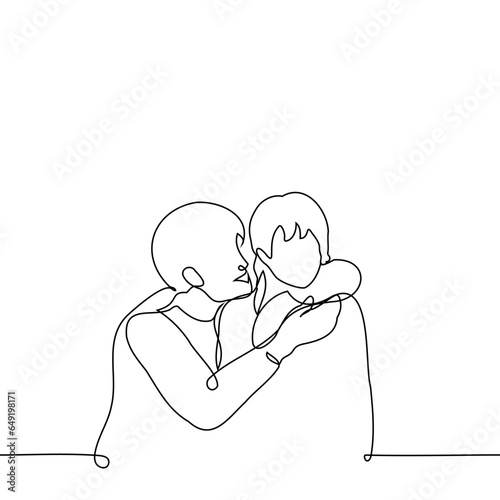 adult man hugs his daughter or female child with cute aggressiveness - one line art vector. concept father and child, cute little girl