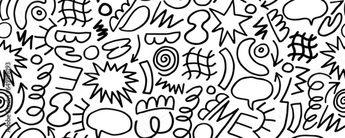 Cute simple black lines  seamless  pattern with different hand painted elements. Vector seamless template background. Monochrome doodle memphis style illustration.