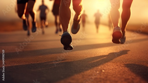 several athletes jogging for heart health or training for a marathon, running on a asphalt street with sunset behind. Only feet and legs. Low angle