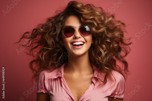 Wonderful young woman with long hair having fun on rosy background made with AI