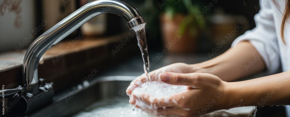 Woman washes his hands with soap and water 