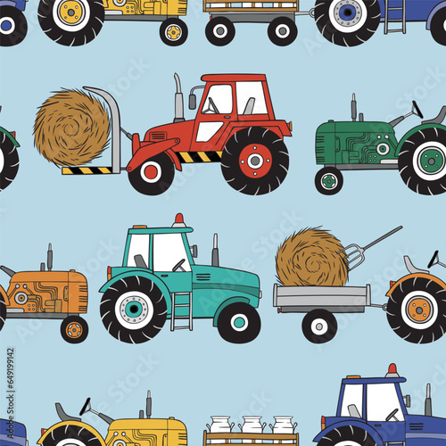 Hand drawn tractors seamless vector pattern. Perfect for textile, wallpaper or print design.