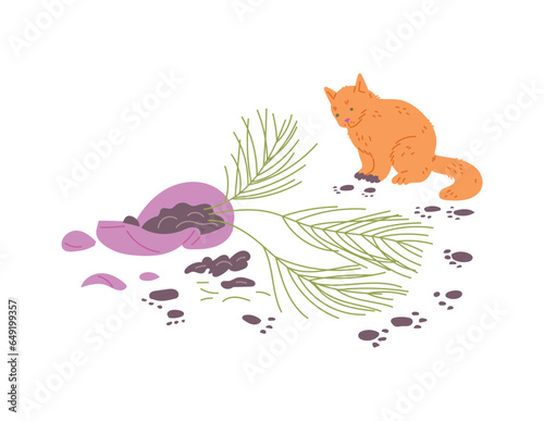 Ginger cat knocked over flower pot, fallen pot with flower, disorder from pet, vector cartoon pet mess, dirty footprints