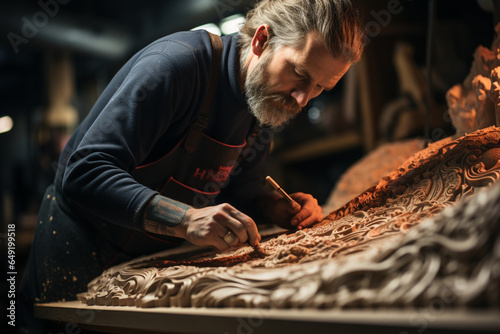 Skilled craftsman meticulously crafting a bespoke surfboard, a testament to artistry made with AI