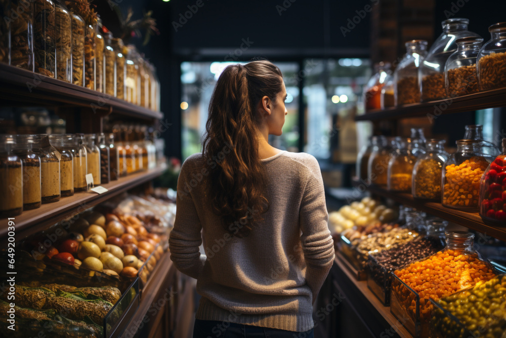 A woman comparing products in a grocery store, considering nutrition, prices made with AI