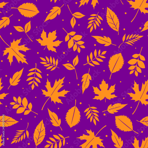 Abstract autumn leaves seamless pattern. Vector fall repeat texture with hand drawn orange leaf on purple background. Trendy beautiful season print for decor, wrapping, wallpaper, fabric design, card.