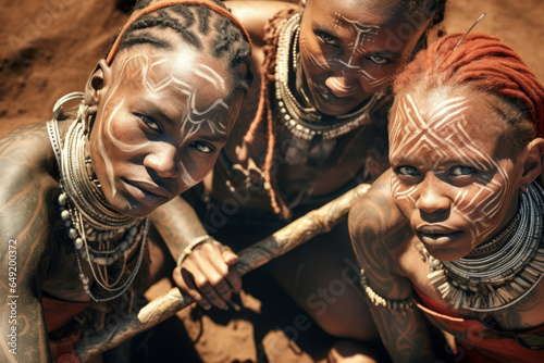 Three African tribal women with painted faces, view from above.generative ai 