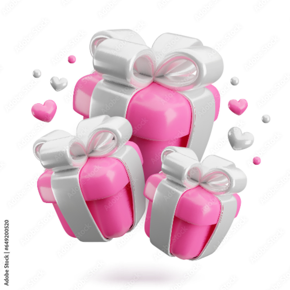 Vector 3d Valentines gifts concept. Cute love pink present boxes with silver ribbon, bow and hearts on white background. Realistic 3d render surprise Valentines day, Mothers Day, Wedding illustration.