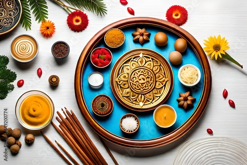 Top View featuring a beautifully decorated puja thali with essential elements like diyas, incense sticks, flowers, and holy symbols