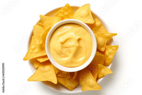 Nachos chips on a plate with cheese sauce in the middle isolated on white background, top view
.generative ai
