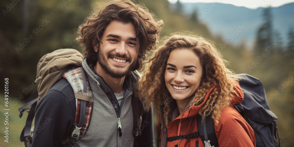 Portrait of a beautiful couple hiking in the forest outdoors in autumn. Active lifestyle concept. Portrait of a beautiful couple hiking in the forest outdoors in autumn. Active lifestyle concept.