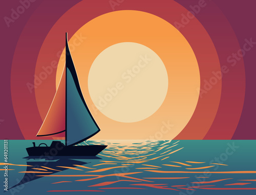 Abstract geometric sunset - sea with sun and yacht