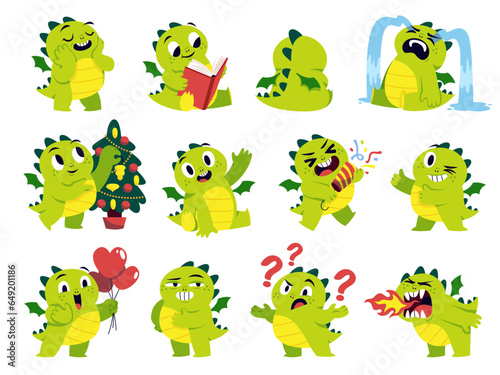 Baby funny dragon character. Cartoon dino mascot, different activities and emotions, cute fairytale animal, new year symbol, chinese mythology creature in different poses. Tidy vector set © YummyBuum