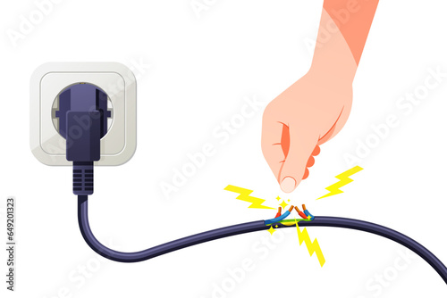 Hand holding the power cable, the power cable is damaged, causing a short circuit.