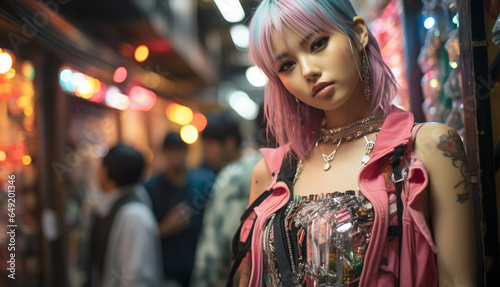 Happy young Asian girl in the club or streets by night,neon bokeh lights background. Japanese girl in Tokyo