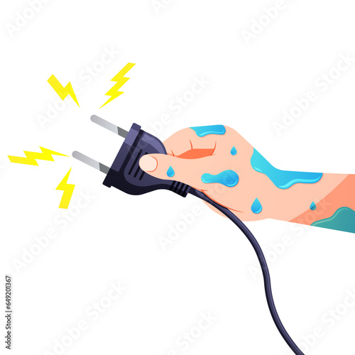 Wet hands holding vector electrical plug