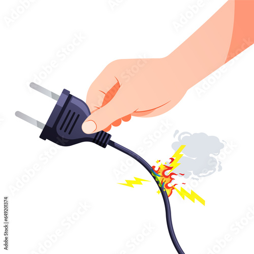 Hand holding the power cable, the power cable is damaged, causing a short circuit.
