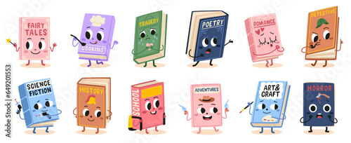 Book characters. Cute cartoon mascots, different genres literature, smiling kids textbooks, different emotions, fairy tales, cooking and horror stories, tragedy and detective, tidy vector set photo