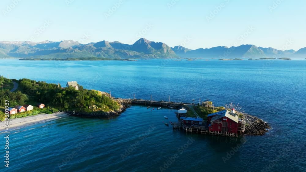 Lodging House Overlooking The Arctic Ocean In Bovaer, Skaland, Norway. aerial Lodging House Overlooking The Arctic Ocean In Bovaer, Skaland, Norway. aerial
