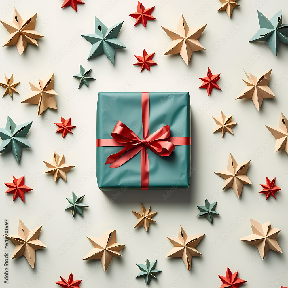 Christmas box present isolated on a white solid pastel background with stars Christmas box present isolated on a white solid pastel background with stars