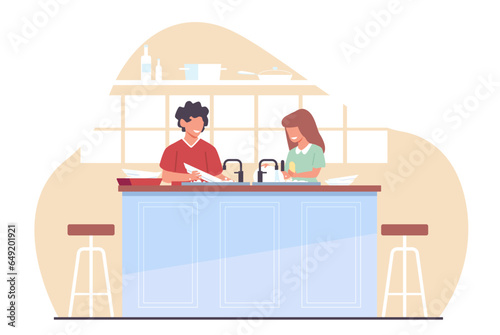 Boy and girl washing dishes in kitchen. Kids doing housework chores at home. Children household duties. Child responsibility. Help parents with cleaning. Cartoon flat isolated vector concept