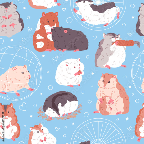 Seamless pattern with funny hamsters flat style, vector illustration