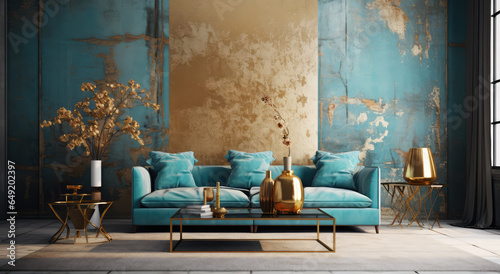 living room blue and gold accents and lighting