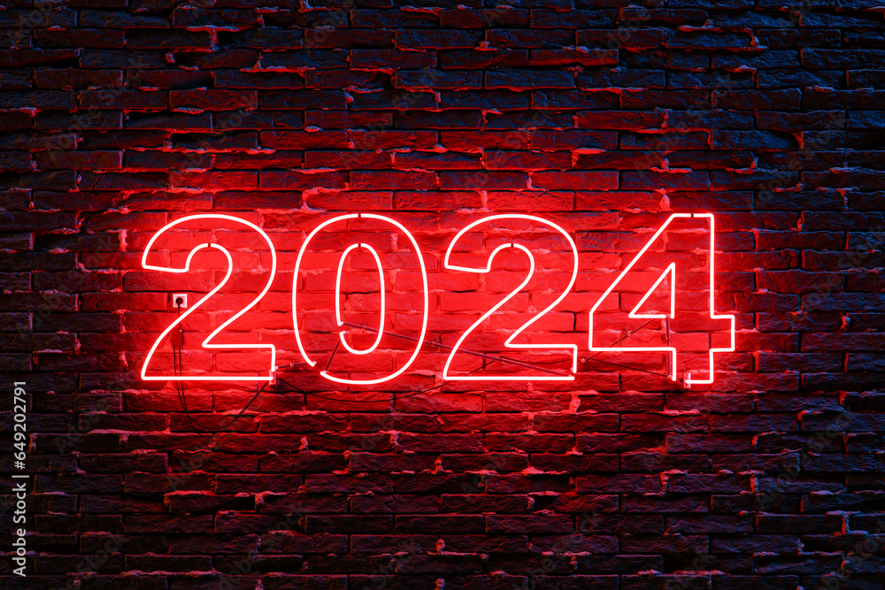red neon 2024 sign on a brick wall Stock Illustration Adobe Stock