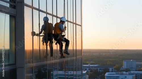 window cleaning worker in apartment photo