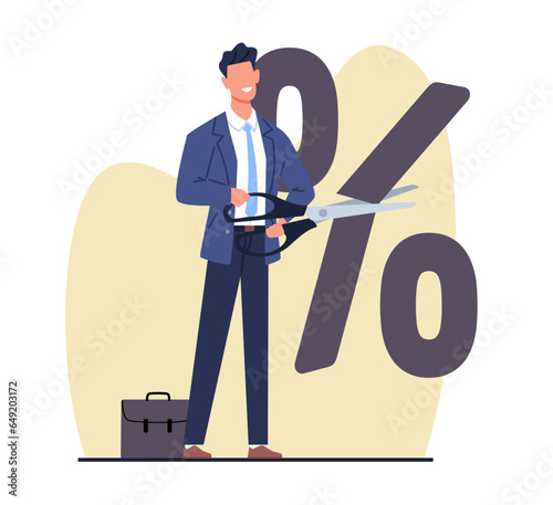 Businessman cuts interest sign with scissors. Man divides percent symbol. Fed raised central bank interest rate to curb soaring inflation. Vector economic crisis and money loss concept