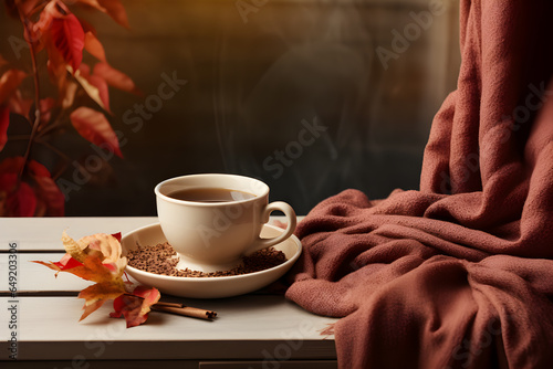 Hot coffee in a white coffee cup and coffee beans sitting by the window on a wooden table in a warm, bright atmosphere on a dark background with copy space.