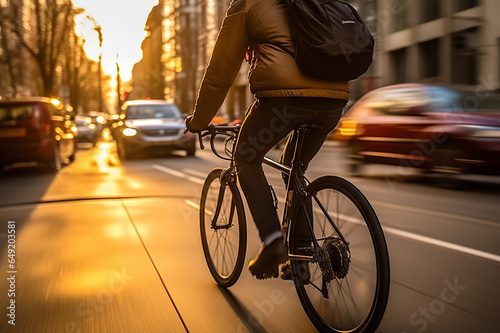 Young American Man Enjoying a Bicycle Ride During Golden Hour in the Bustling City Streets. created with Generative AI © photobuay